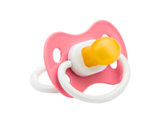 Close up of a blue baby pacifier with a yellow nipple isolated on transparent background