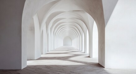 Fototapeta premium 3D render of white arches on the background, a long corridor with arches, a perspective view, light and shadow, minimalistic. 