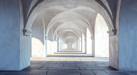 Obraz premium 3D render of white arches on the background, a long corridor with arches, a perspective view, light and shadow, minimalistic. 