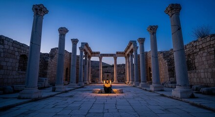 Ancient Ruins Illuminated by Twilight, Man Reading Scrolls