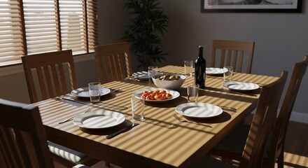 A Well-Set Dining Table in a Sunny Room with Wooden Furniture
