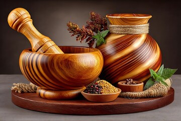 Fresh garden herbs in kitchenware high resolution photo