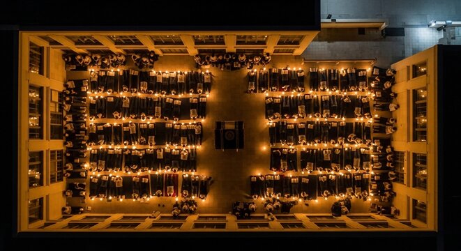 Aerial View of People Holding Candles in Courtyard at Night