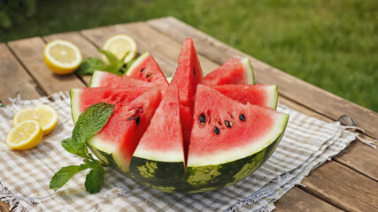 Fresh Juicy Watermelon Slices on Rustic Wooden Table

