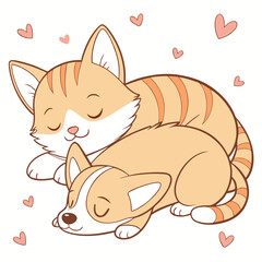 Kawaii Cat and Dog Sleeping Together Vector for Pet and Love Projects