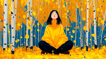 Serene woman finds peaceful meditation amidst a vibrant golden autumn forest with falling leaves.