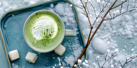 Green Tea Latte with Matcha Foam on Tray Surrounded by Snowflakes and Branches

