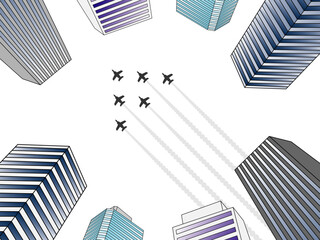 ビル街とブルーインパルス_展示飛行_CS3