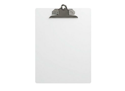 Wooden clipboard with blank white paper and black pen isolated on transparent background