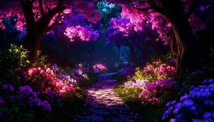 Magical, glowing forest path at night