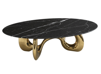 Modern oval black marble coffee table with gold abstract base isolated on transparent background
