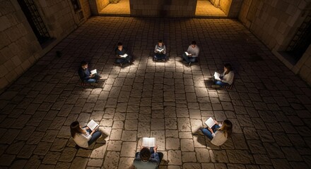 Circle of Readers: Illuminated Books in Stone Courtyard, Focused Learning