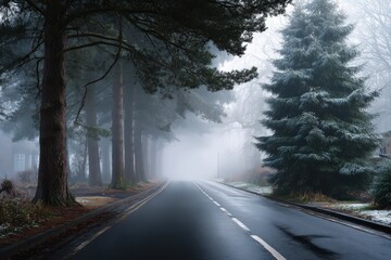 Foggy road surrounded by tall trees on a quiet winter morning