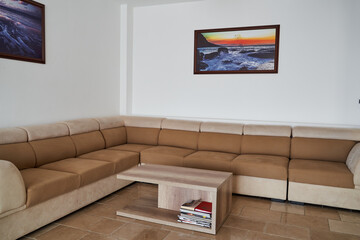 Modern beige sofa in bright living room with artistic sea-inspired decor