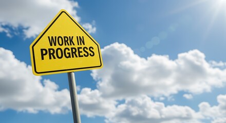 Work in Progress Yellow Sign Against Blue Sky with Clouds