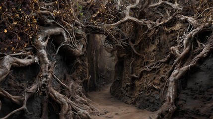 Fototapeta premium A dark, narrow tunnel is formed by twisted roots and branches, creating an eerie, natural pathway. The intricate network of roots gives the scene a mysterious and foreboding feel.