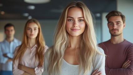 Obraz premium Young woman with long blonde hair stands confidently with her arms crossed, flanked by two colleagues. Professional setting, her poised demeanor create atmosphere of confidence, teamwork.