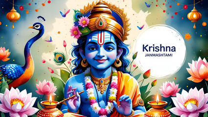 Creative Paper Style Illustration of Lord Krishna Playing Flute on White Traditional Indian Background – Janmashtami Festival Celebration Concept Design