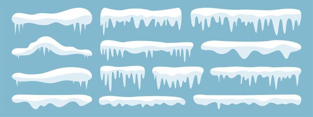 Set of snowy icicles, snow caps vector winter elements