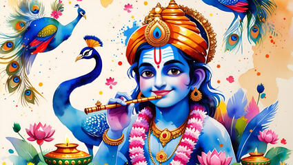 Creative Paper Style Illustration of Lord Krishna Playing Flute on White Traditional Indian Background – Janmashtami Festival Celebration Concept Design