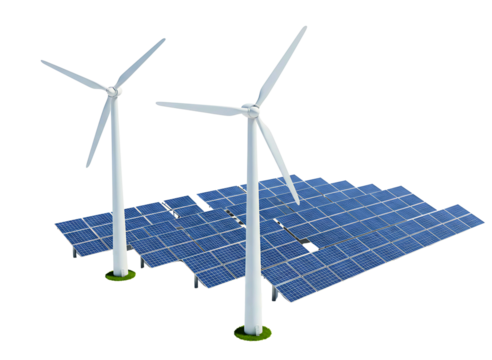 Renewable energy sources with solar panels and wind turbines isolated on transparent background