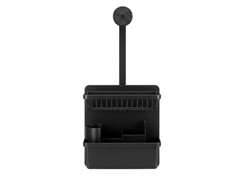 Modern black metal shower caddy with three tiers and storage basket isolated on transparent background