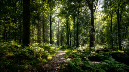 Obraz premium Tranquil Woodland Escape: A Sun-dappled Forest Path Through Lush Green Trees and Whispering Leaves