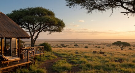 Luxury safari lodge in the Serengeti silhouetted against a golden sunset. Tranquil African retreat with views over the vast savanna during golden hour.