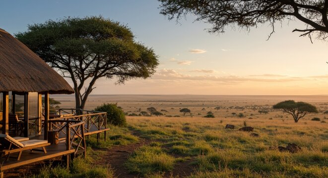 Fototapeta Luxury safari lodge in the Serengeti silhouetted against a golden sunset. Tranquil African retreat with views over the vast savanna during golden hour.