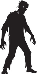 Silhouette of a creepy zombie with torn clothes walking on white background for halloween