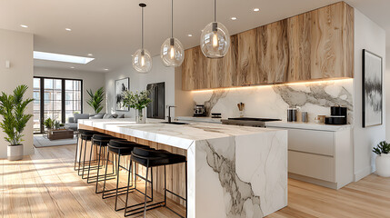 Kitchen with bar stools and pendant lights