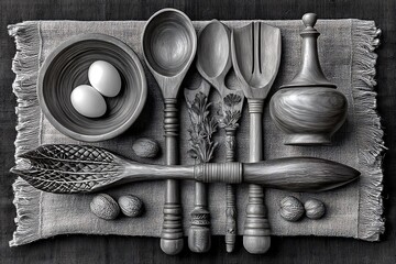 Natural wooden kitchen accessories flat lay high resolution photo