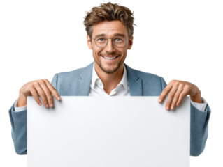 Cheerful Professional with Blank Canvas: A smiling, stylish professional proudly presents a blank sign, poised and ready to convey your message. Representing versatility.