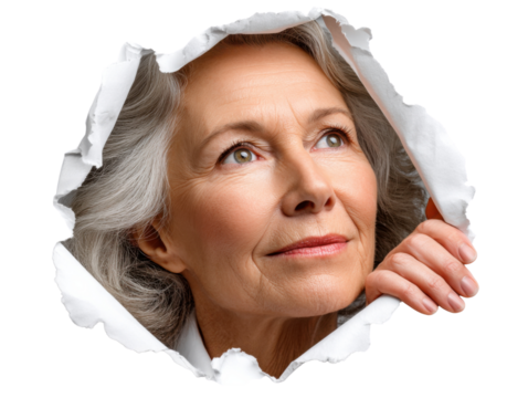 Serene Outlook: An elegant senior woman gazes skyward with a thoughtful, serene expression, her gaze suggesting introspection, hope, and contemplation of possibilities.