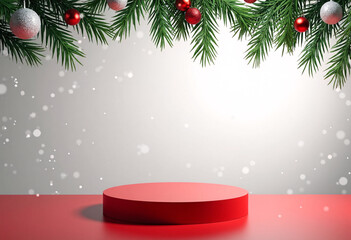 Red podium with Christmas tree branches and ornaments on a snowy background stage display