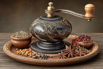 Ornate grinder beside peppercorns high resolution photo