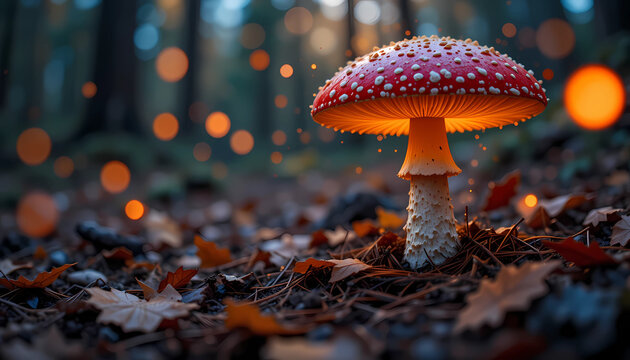 A red mushroom with white spots glowing in a forest with blurred lights in the background scene view