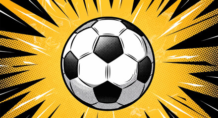 Pop Art Soccer Ball Halftone: A Bold Graphic Novel Illustration of a Classic Ball with Hexagonal and Pentagonal Panels, Dramatic Shadows, and Vibrant Yellow Starburst Background
