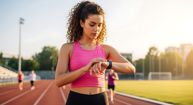 Beautiful sporty woman checks fitness tracker on running track during workout, perfect for health and wellness designs.