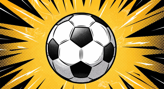 Pop Art Soccer Ball Halftone: A Bold Graphic Novel Illustration of a Classic Ball with Hexagonal and Pentagonal Panels, Dramatic Shadows, and Vibrant Yellow Starburst Background
