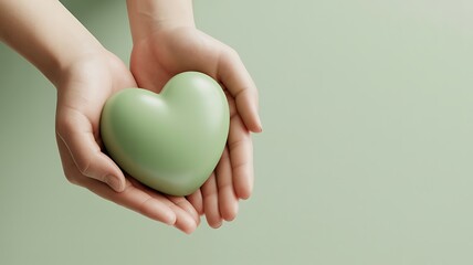 Fototapeta premium Gentle hands cradle a smooth light green heart shape against a soft pastel background