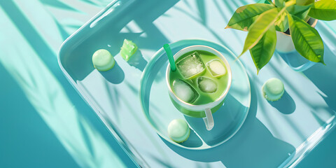 Cucumber Slices with Mint Leaves in Glass Against Blue Background with Sunlight


