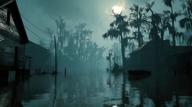 Moody bayou scene with stilt houses, Spanish moss, and sunlit water