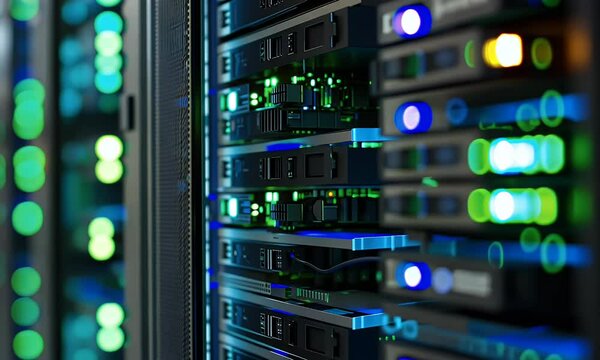 A close-up of an array of advanced data center equipment, with green and blue lights reflecting off the surface. The focus is on one server rack 