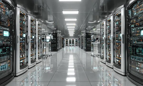 Futuristic server room. Data center with rows of servers, bright lights, and a clean, reflective floor. High-tech environment