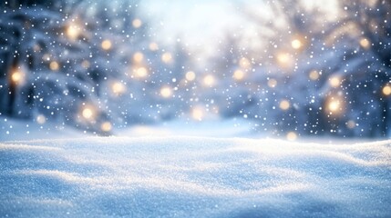 Naklejka premium Enchanting Snowy Winter Wonderland with Twinkling Lights and Bokeh