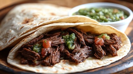 Soft Flour Tortillas Filled with Juicy Beef and Green Salsa