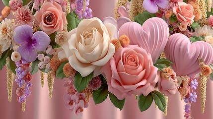 Pink roses with decorative hearts background high resolution image