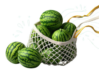 Fresh Watermelons in a Mesh Bag: A vibrant close-up showcases a collection of freshly harvested, perfectly ripe watermelons nestled within a natural mesh bag, representing freshness.