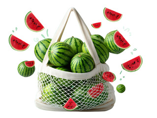 Refreshing Watermelons in Sustainable Bag: Vibrant watermelons bursts with freshness, arranged within a eco-friendly, sustainable bag.